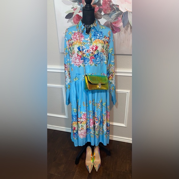 Blue Floral Collared Bishop Sleeve Dress || Size 2XL - Picture 3 of 14